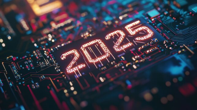 Digital circuit board with glowing numbers 2025, representing technology trends, future innovation and advancements in electronics, data processing and computing.