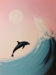 Fototapeta premium Dolphin leaping ocean wave at sunset
