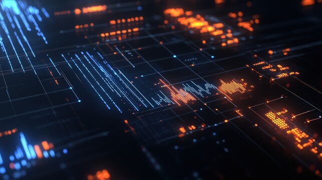 Digital data visualization, technology interface with glowing charts and graphs representing market trends, analytics tools, and financial analysis in finance industry.
