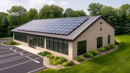 Obraz premium Aerial View of Commercial Building with Expansive Solar Panel Rooftop for Renewable Energy