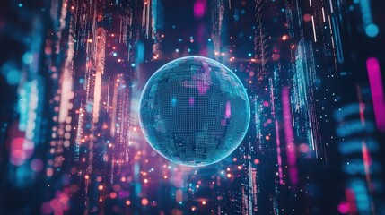 Digital globe with data streams in neon colors, representing global connectivity and technology trends in finance, cybersecurity, and online communication networks.