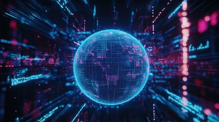 Digital globe, vibrant data streams and futuristic network connections showcasing global technology, communications, and internet advancements in a virtual space.