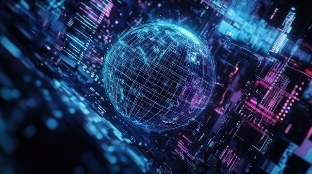 Digital globe with futuristic data visualization and glowing lines, representing global connectivity, technology advancement, and digital network development concepts.