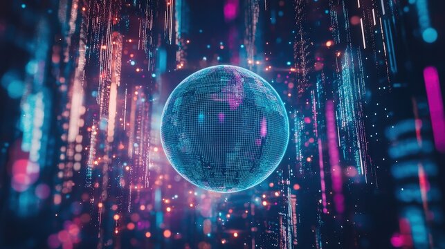 Digital globe with data streams in neon colors, representing global connectivity and technology trends in finance, cybersecurity, and online communication networks.