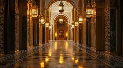 Ornate Corridor With Lanterns and Reflective Marble Floor Design