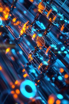 Digital network connection with glowing nodes and lines representing data flow in technology systems. Abstract visualization of modern cybernetic communication.