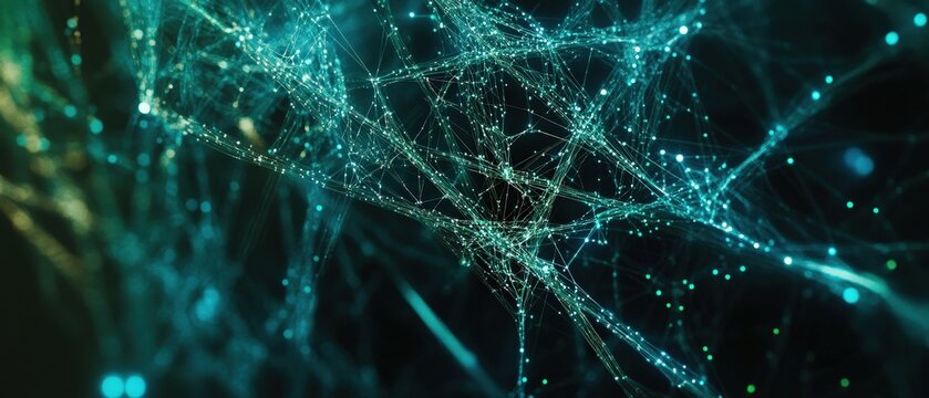 Digital network, interconnected lines and blue particles representing data flow and technology in abstract background, symbolizing innovation and communication.