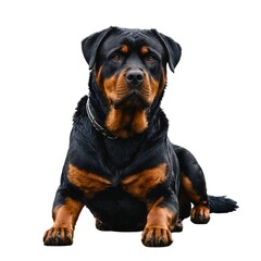 Fototapeta premium Rottweiler dog lying isolated on white background. Full body Rottweiler isolated on transparent or white background. Rottweiler.