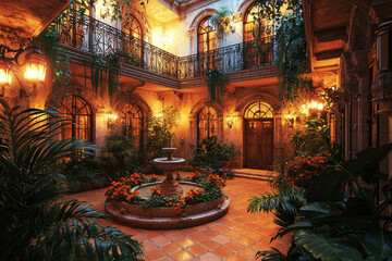 Obraz premium Mediterranean villa with ornate balconies, lush courtyard, and vibrant plants