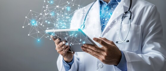 Doctor using tablet with digital health data and patient monitoring technology. Medical professional analyzing treatment progress and healthcare innovations.