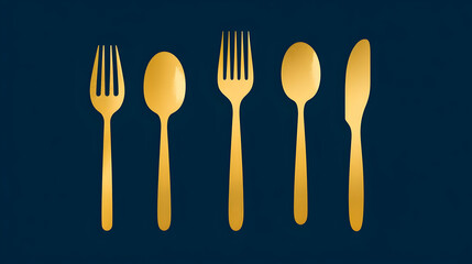 Golden cutlery set on dark background; restaurant menu design