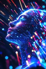 Face of a woman with digital light effects, representing technology, data visualization, and artificial intelligence concepts in a modern and futuristic setting.