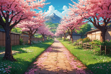 Naklejka premium Cherry-lined village path, blooming pink and white flowers, flying petals, bright grass, refreshing anime look
