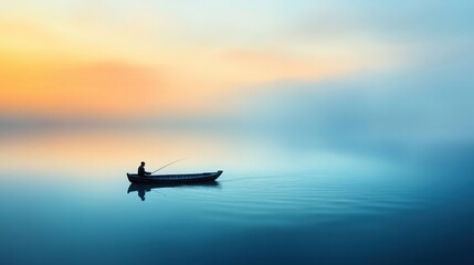 Naklejka premium a small fishing boat on a calm river at dawn, with mist rising from the water 