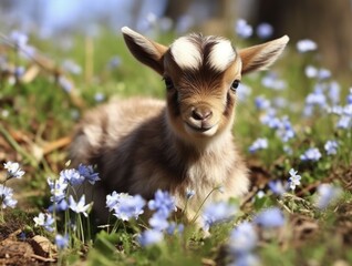 Nigerian Dwarf Dairy Goat in a Field of Wildflowers with Her Blue-eyed Newborn Kid