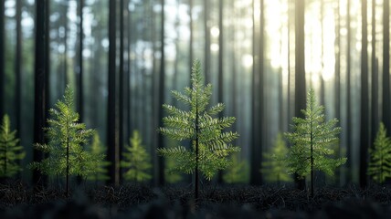 Fototapeta premium A serene forest scene featuring young, vibrant trees surrounded by tall, dark trunks, illuminated by soft sunlight filtering through the canopy.