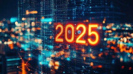 Future forecasts for 2025 represented with glowing numbers over a city skyline at night, symbolizing technology, innovation, and digital transformation in urban spaces.