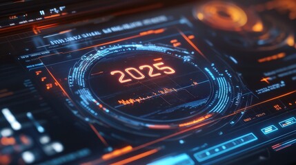 Futuristic digital interface displaying the year 2025, representing advanced technology, data visualization, and innovative trends in software development and AI.