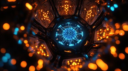 Futuristic technology, glowing patterns and digital network visualization highlighting advanced data processing and innovation in artificial intelligence systems.