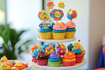A colorful cupcake tower with cartoon - themed toppers for a child’s birthday party