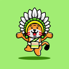 A cute tiger in a colorful headdress and sash, jumping joyfully on a green background.