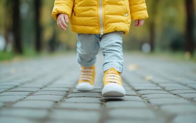 A child learning to walk, captured in sequential motion, one foot in front of the other, step by step, first steps and perseverance
