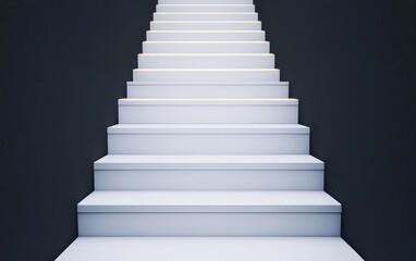 Abstract staircase in a void, each step glowing brighter towards the top, step by step, symbolizing progress and ambition