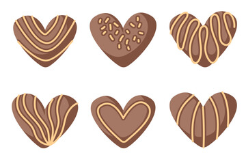 Set of heart shaped chocolate candy with decorative design in cartoon. Perfect for Valentine, sweet treats, gift ideas or confectionery design. Vector illustration isolated on a white background