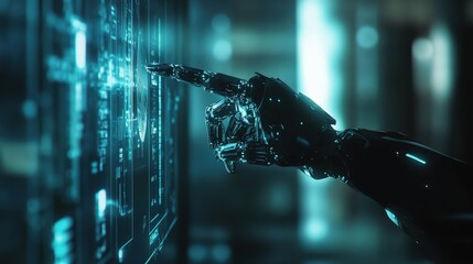 Robot hand interacting with futuristic touchscreen display, showcasing AI technology and digital interfaces in advanced automation and machine learning environments.