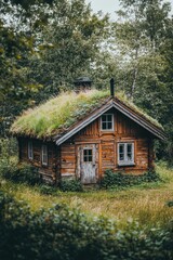 Obraz premium Small wooden cabin with grass roof