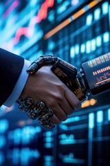 Handshake between human and robotic hand symbolizing partnership in finance, technology and innovation in the stock market. Digital trading and AI collaboration concept.