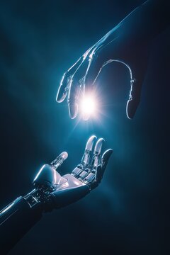 Robot hand and human hand reaching towards each other, symbolizing the connection between artificial intelligence and humanity in a futuristic or technological context.