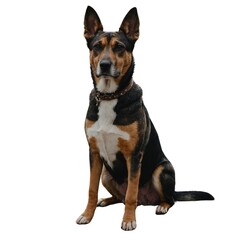 Obraz premium Curious mixed breed dog standing and looking away on white background. panting Greater Swiss Mountain Dog standing, Isolated. Alert black and tan mixed-breed dog with upright ears on white background.