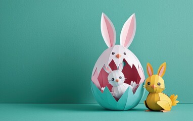 Threedimensional paper Easter egg with popup bunnies and chicks emerging from inside, paper art, playful Easter design