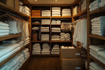 Obraz premium Neatly organized linen closet with stacks of towels sheets and clothing A calming and serene space