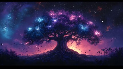 Obraz premium mystical illustration of a glowing tree glowing in shades of purple, blue, and pink