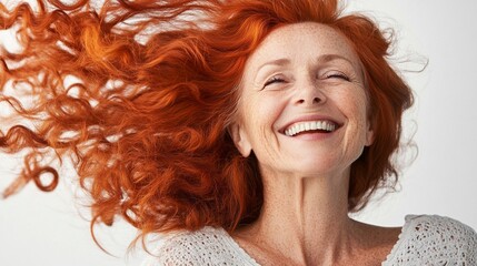 Vibrant red curly hair flowing in wind creates dynamic movement as mature woman laughs joyfully, wearing light knitted sweater against white background, embodying happiness and vitality