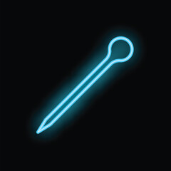 Neon blue push pin shining on black background