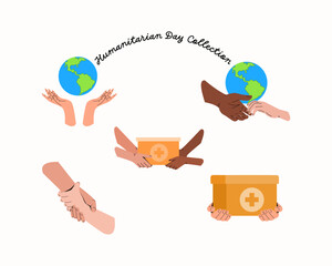 Set of humanity gesture like holding aid box, giving and accept aid box, hands with globe, holding hands on white background