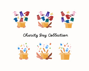 Set of charity gesture like giving and accept clothes aid box, giving and accept food aid box on white background