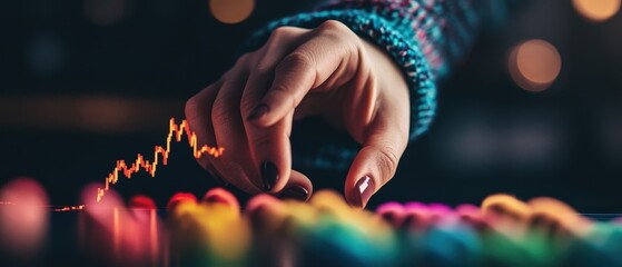 Hand adjusting colorful charts with digital graphs, illustrating stock market trends and financial analysis in a modern workspace environment. Data visualization concept.