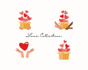 Set of giving and accept heart in box, heart in box, hands with heart on white background