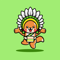 A cute fox in a colorful headdress and sash, jumping joyfully on a green background.