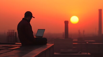 Obraz premium Worker Monitoring Industrial Equipment on Rooftop with Laptop During Fiery Sunset