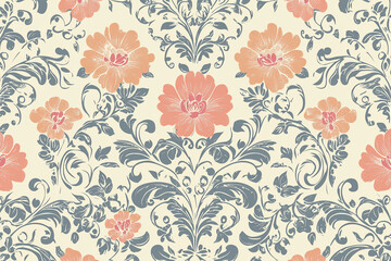Elegant floral pattern featuring peach and blue flowers on a cream background, ideal for textile design