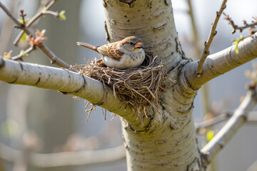 Sparrow building nest in tree branch with spring light