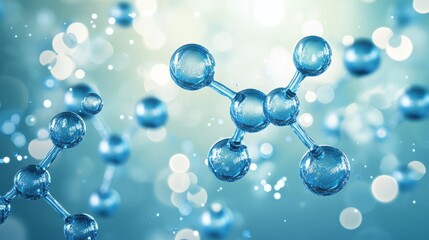 Blue background with bubbles and water molecules vector illustration. Water tech, science, or beauty industry concept design