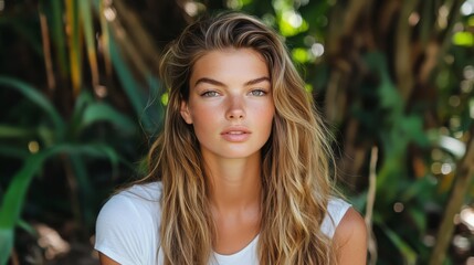 Naklejka premium Portrait of a Beautiful Young Woman with Long Hair, Natural Beauty in a Lush Tropical Setting.