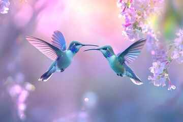 Obraz premium Two colorless green hummingbirds with blue wings flying towards each other