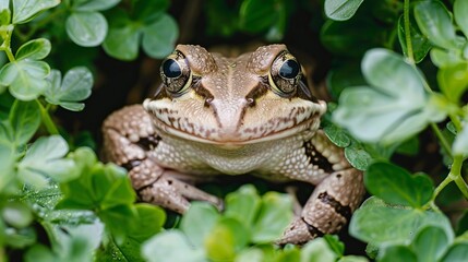 Obraz premium Curious Frog Hiding in Green Clover, Wildlife Photography, Wild Amphibian in Lush Nature